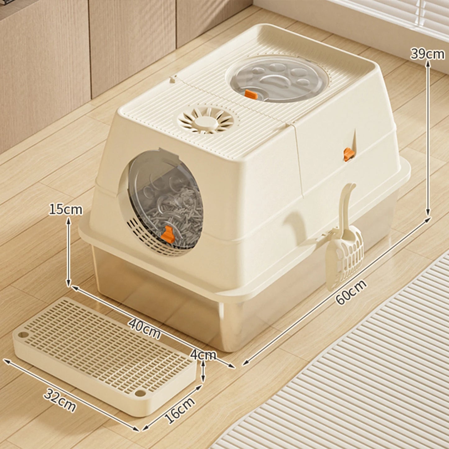 Fully Enclosed Cat Litter Box with Stainless Steel Tray & Easy-Flip Cover | Spill-Board & Scoop Included