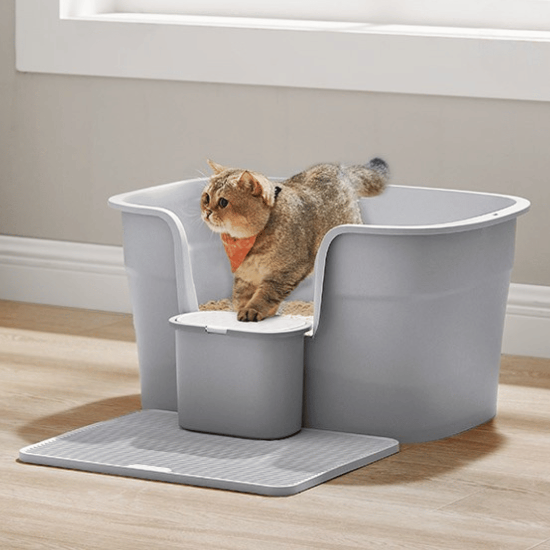 High-Sided Semi-Enclosed Cat Litter Box with Spill-Board & Waste Bag Storage Tub | Scoop Included