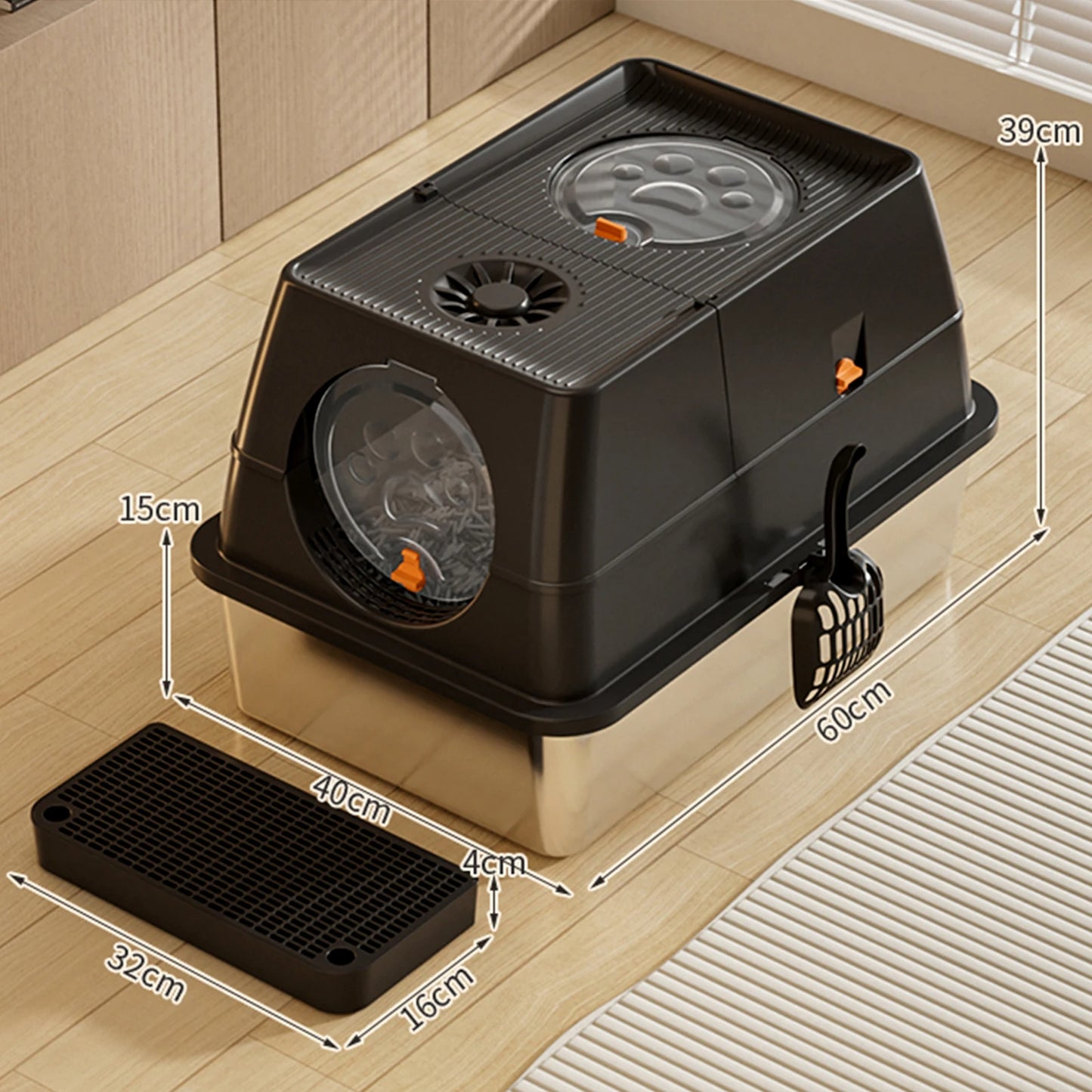 Fully Enclosed Cat Litter Box with Stainless Steel Tray & Easy-Flip Cover | Spill-Board & Scoop Included