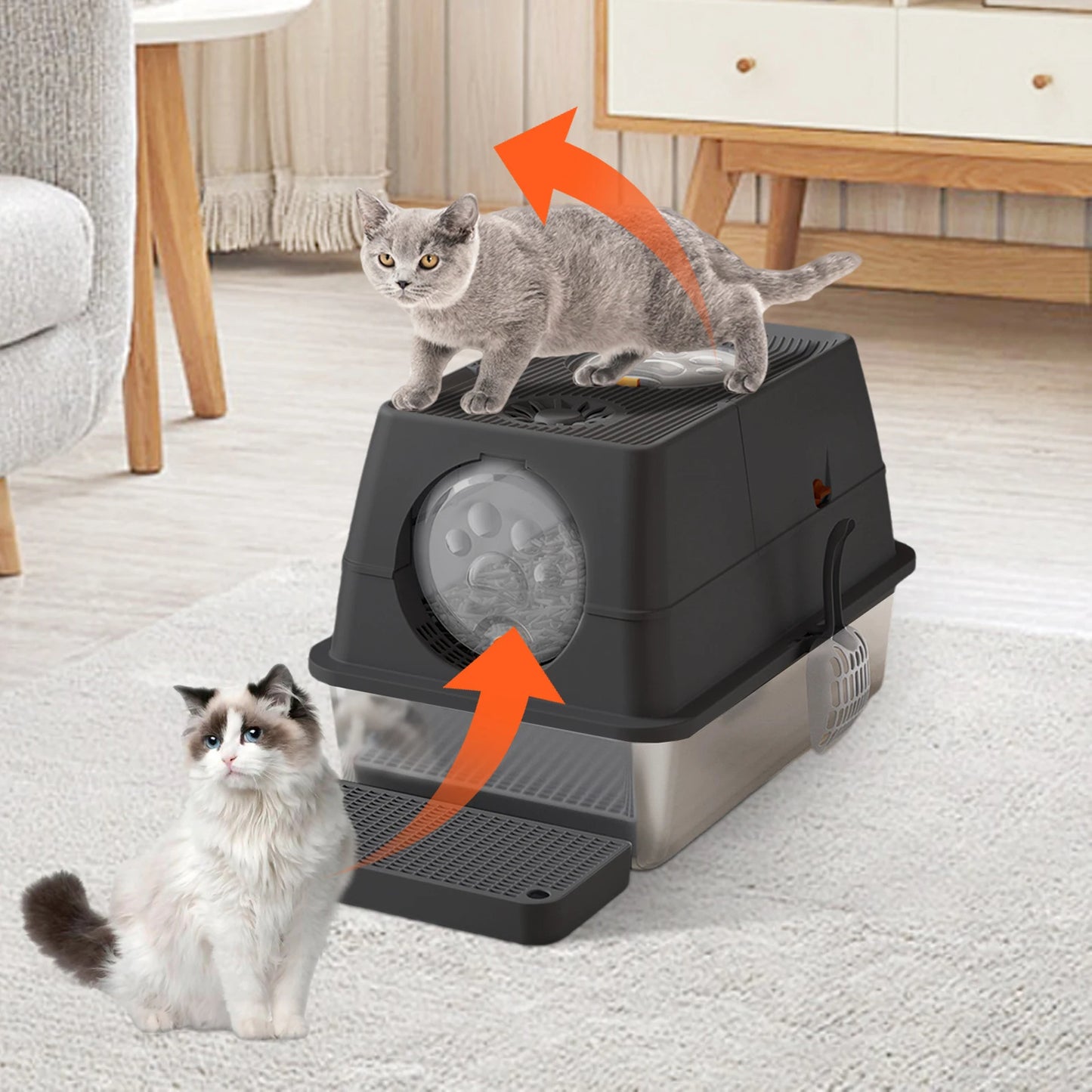 Fully Enclosed Cat Litter Box with Stainless Steel Tray & Easy-Flip Cover | Spill-Board & Scoop Included