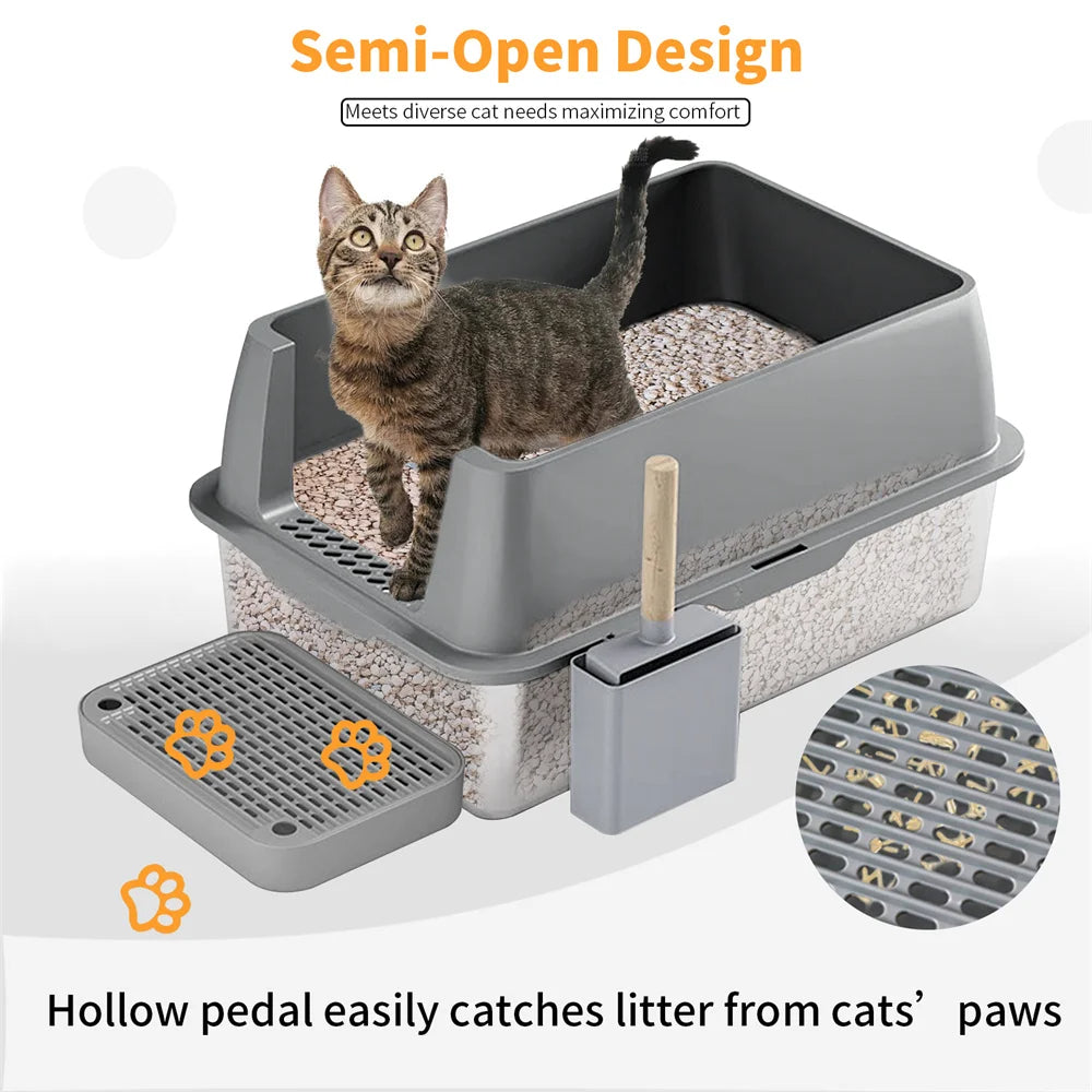 XL High-Sided Stainless Steel Enclosed Cat Litter Box with Step Tray, Scoop & Holder 4