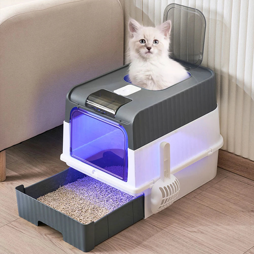 Enclosed Cat Litter Box with UV Sterilization, Pull-Out Tray & Double Entrance-Exit