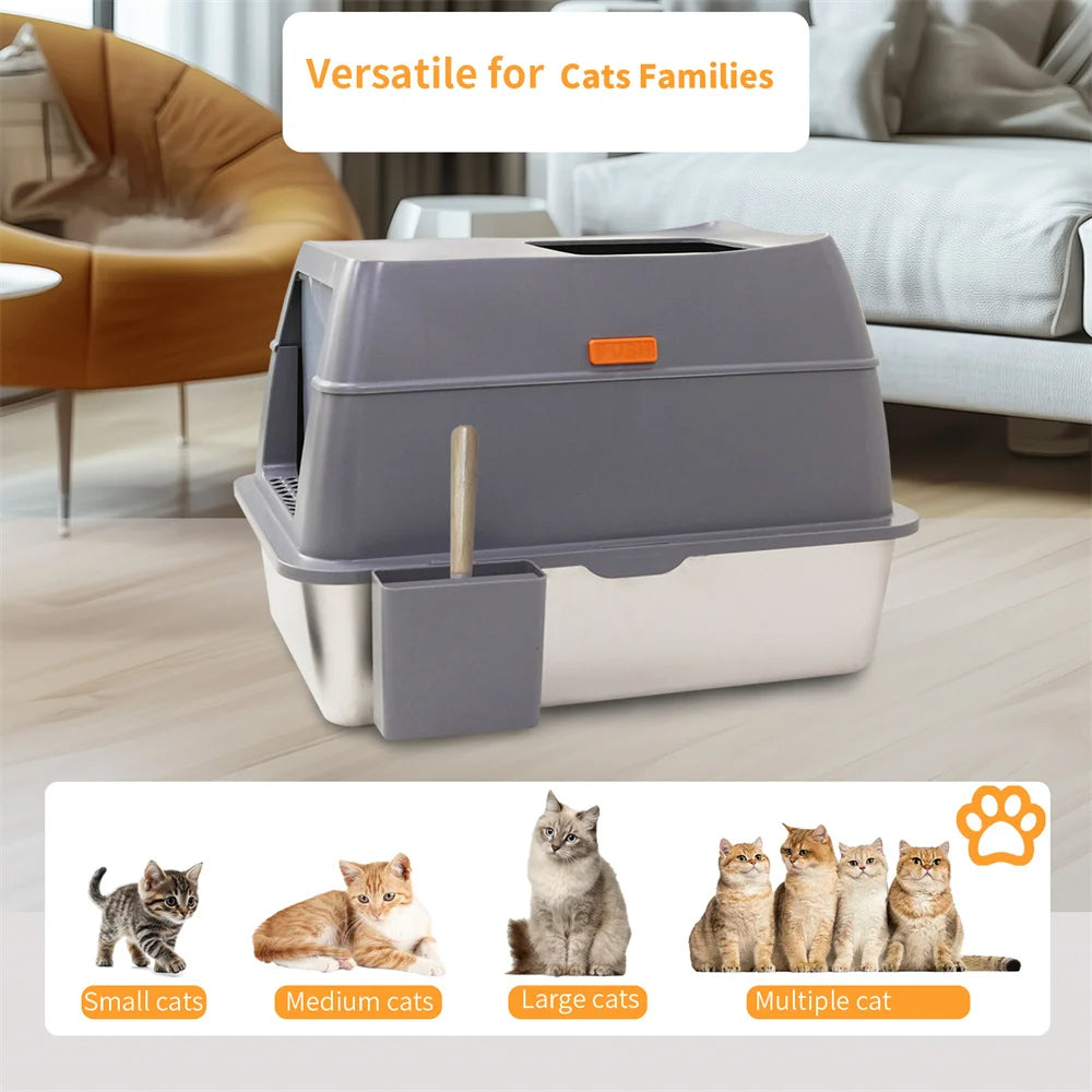 XL High-Sided Stainless Steel Enclosed Cat Litter Box with Step Tray, Scoop & Holder