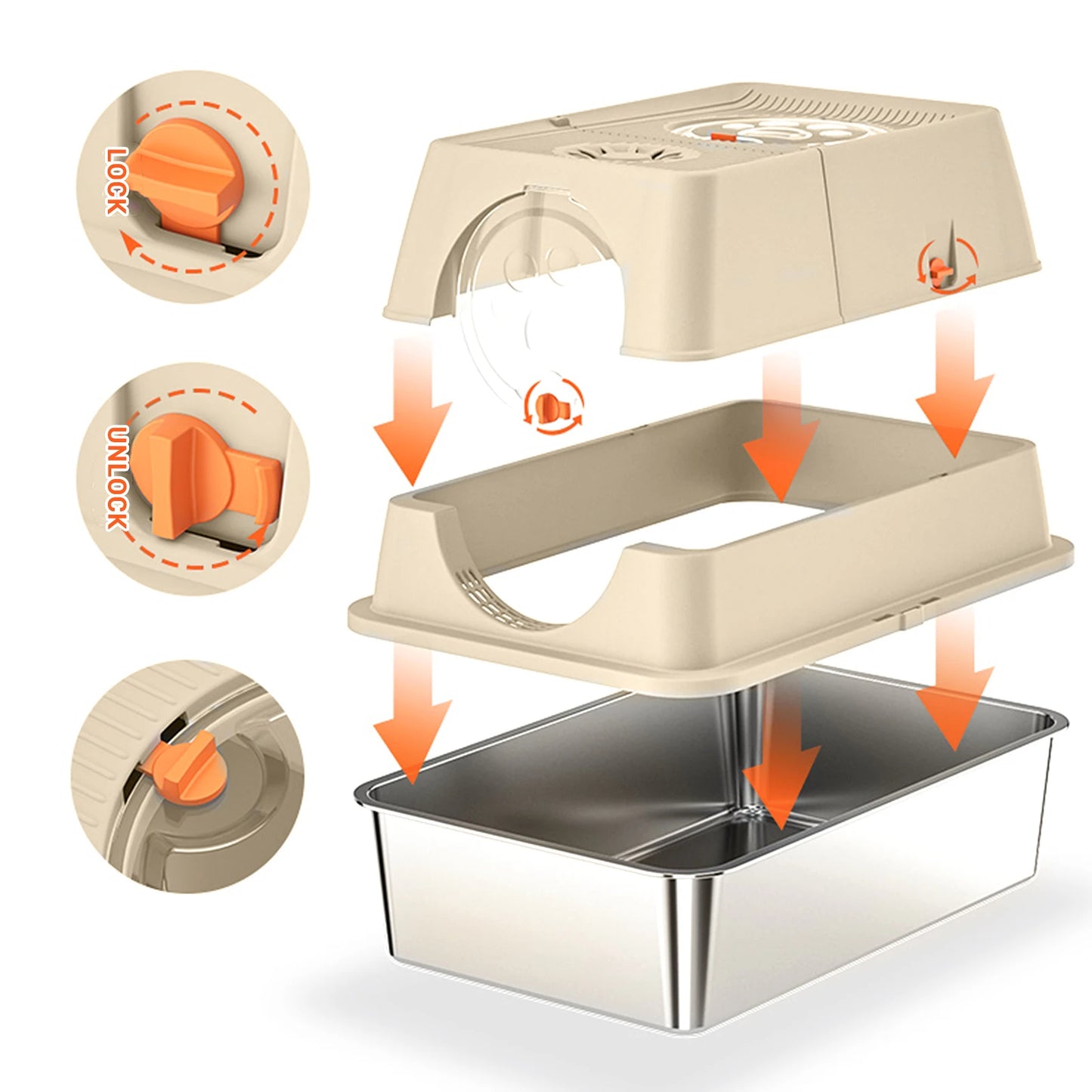 Fully Enclosed Cat Litter Box with Stainless Steel Tray & Easy-Flip Cover | Spill-Board & Scoop Included