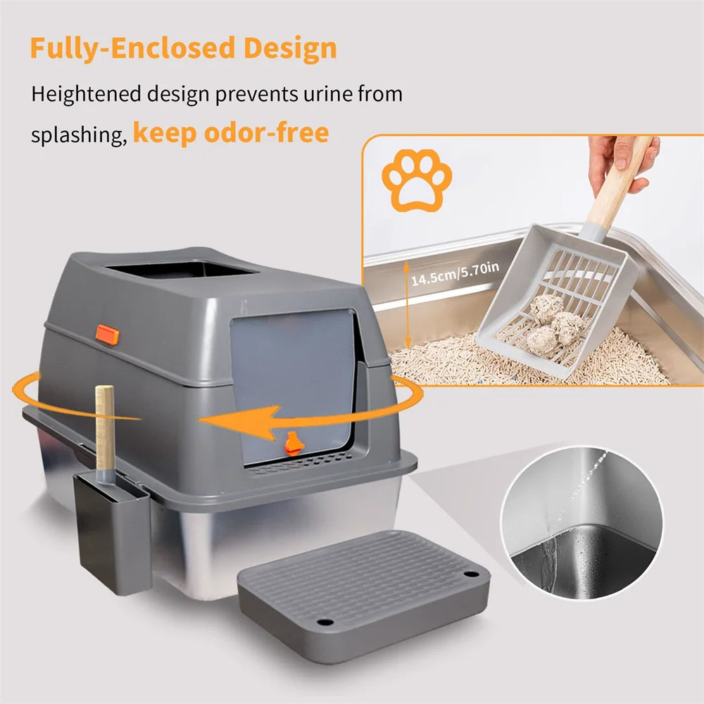 XL High-Sided Stainless Steel Enclosed Cat Litter Box with Step Tray, Scoop & Holder 7