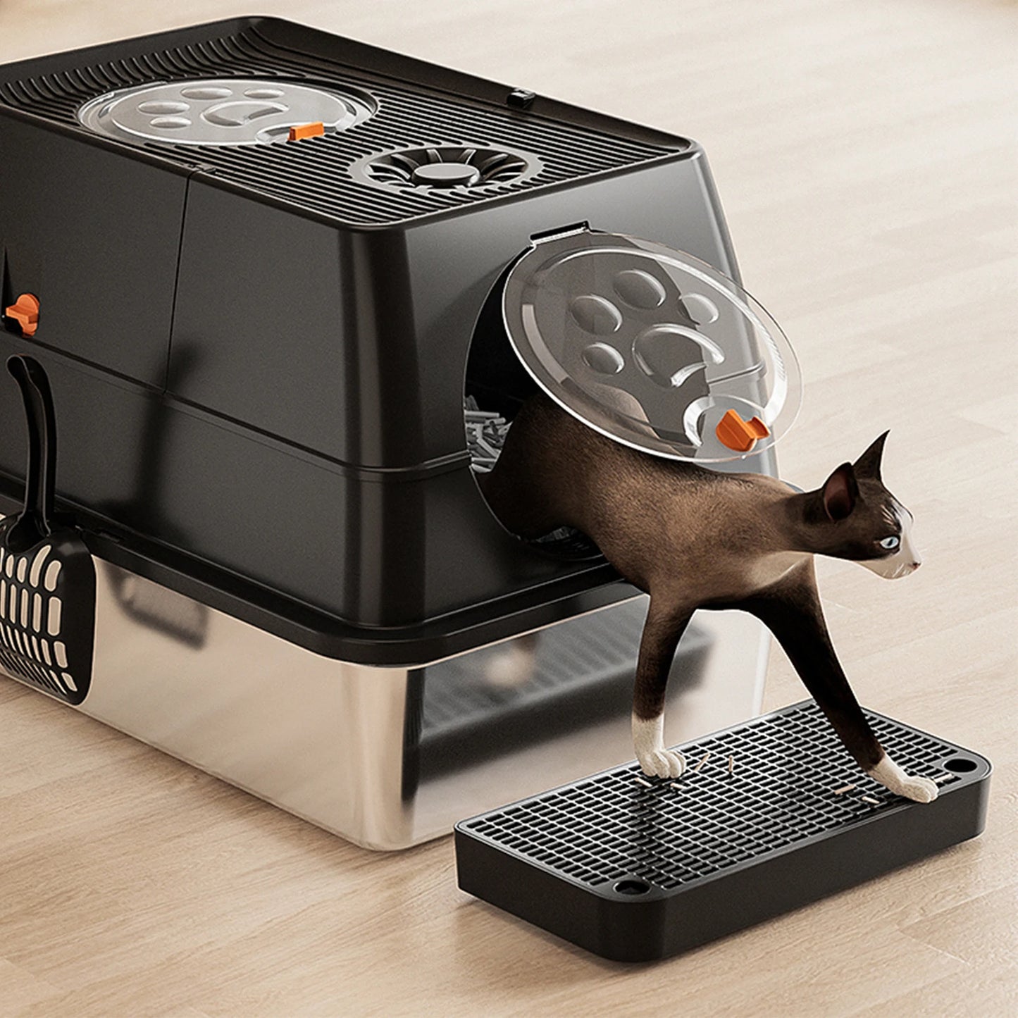 Fully Enclosed Cat Litter Box with Stainless Steel Tray & Easy-Flip Cover | Spill-Board & Scoop Included