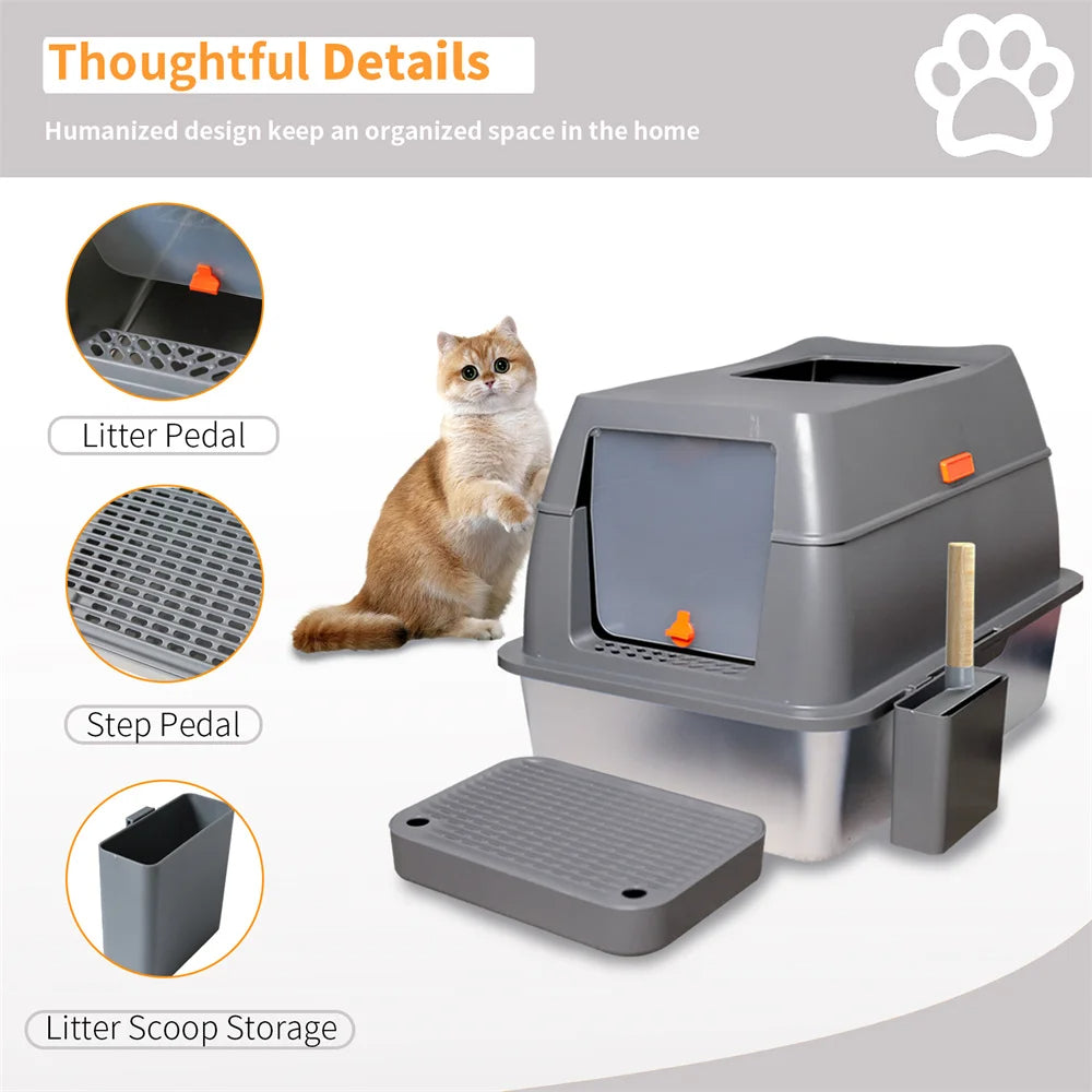 XL High-Sided Stainless Steel Enclosed Cat Litter Box with Step Tray, Scoop & Holder 8