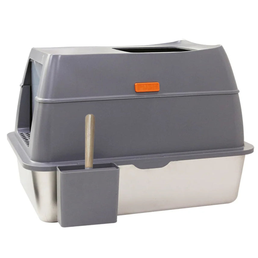 XL High-Sided Stainless Steel Enclosed Cat Litter Box with Step Tray, Scoop & Holder 2