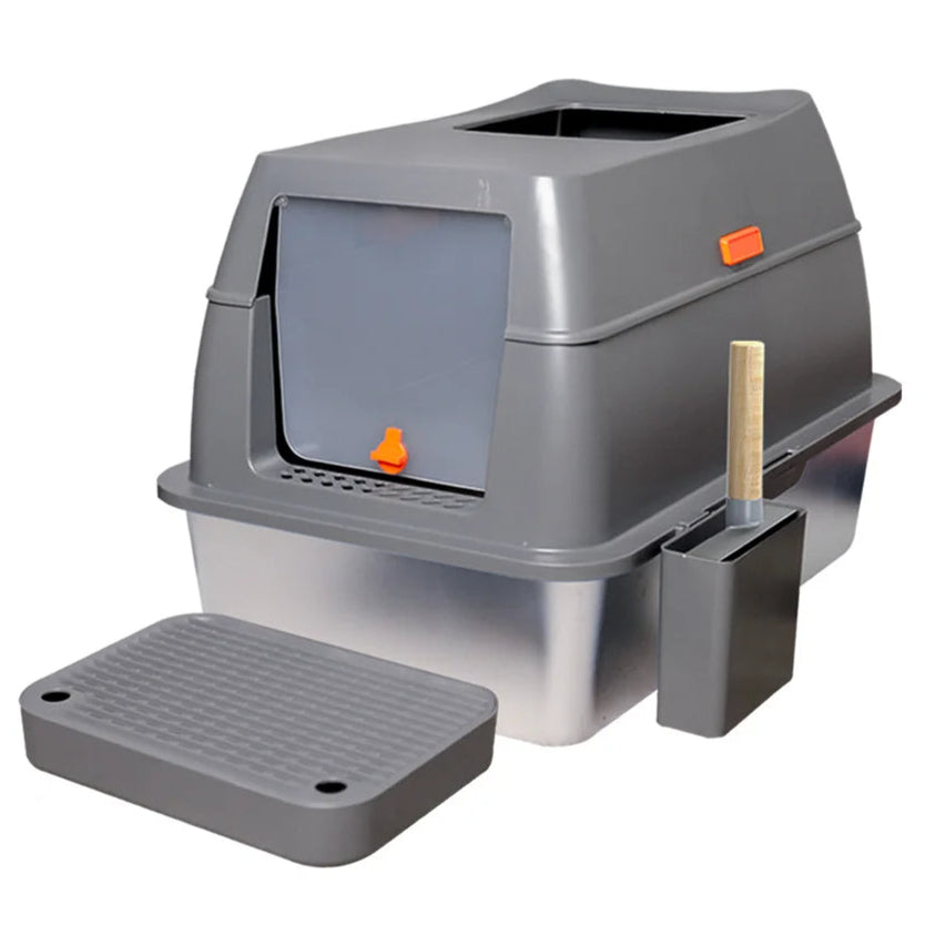 XL High-Sided Stainless Steel Enclosed Cat Litter Box with Step Tray, Scoop & Holder 1