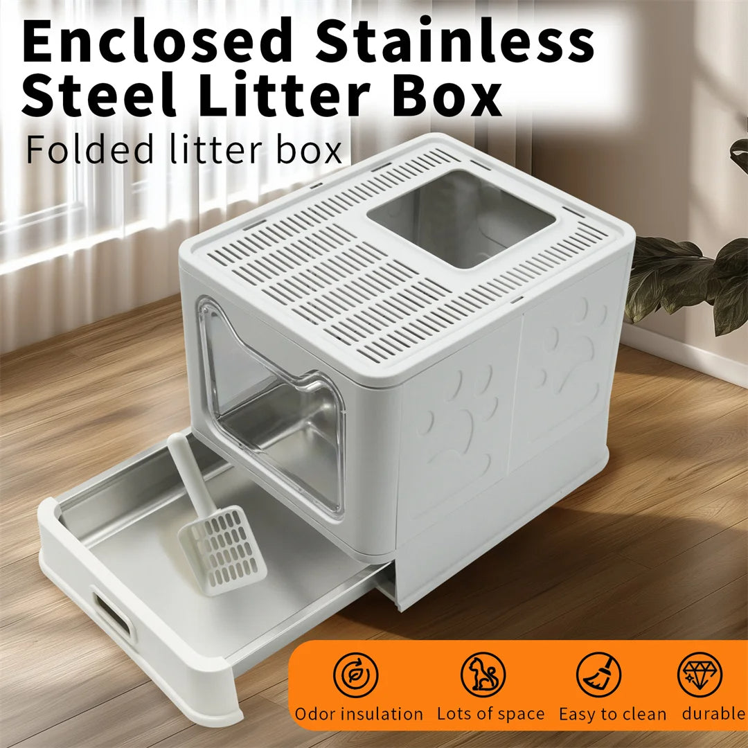 Enclosed Cat Litter Box with Stainless Steel Tray Drawer & Double Entry | Scoop Included 3