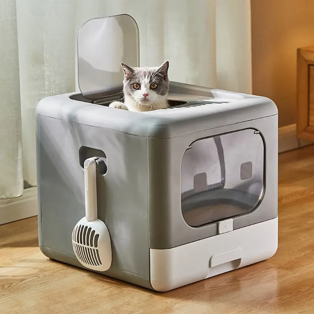 Dual-Entry Enclosed Cat Litter Box with Pull-Out Drawer Tray & Scoop 1