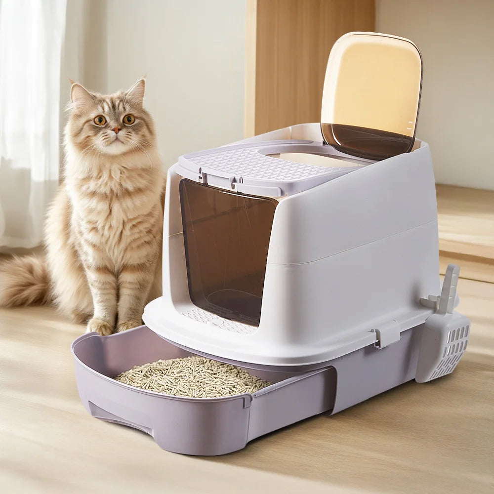 Spacious Enclosed Cat Litter Box with Flexible Lid Postioning & Pull-Out Tray 2