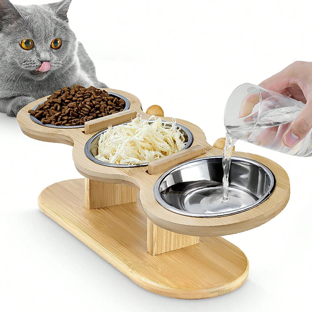 Wooden Tilted & Raised Cat Bowl Stand with 3 Stainless Steel Bowls 1