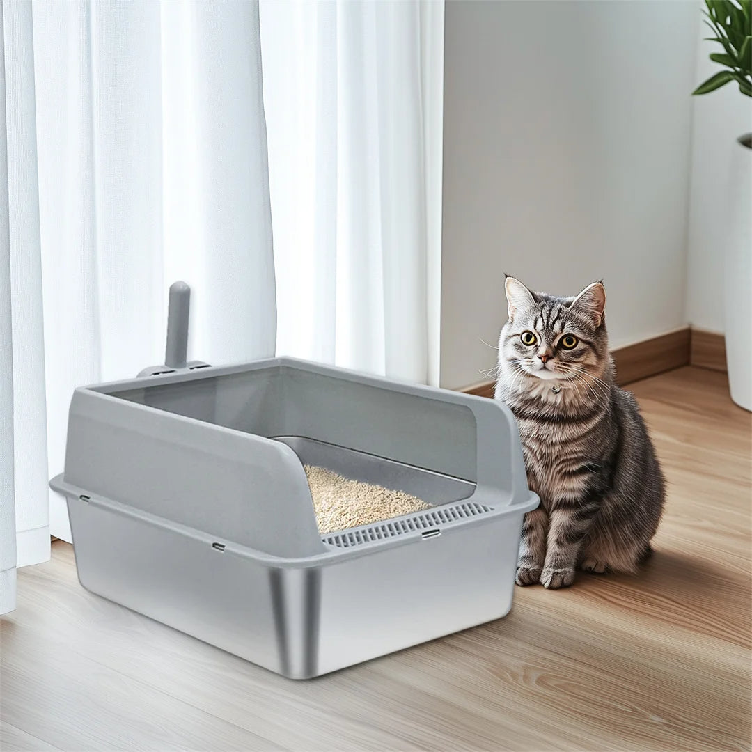 Semi-Enclosed Cat Litter Box with Stainless Steel Tray & Easy Entrance | Scoop Included 4