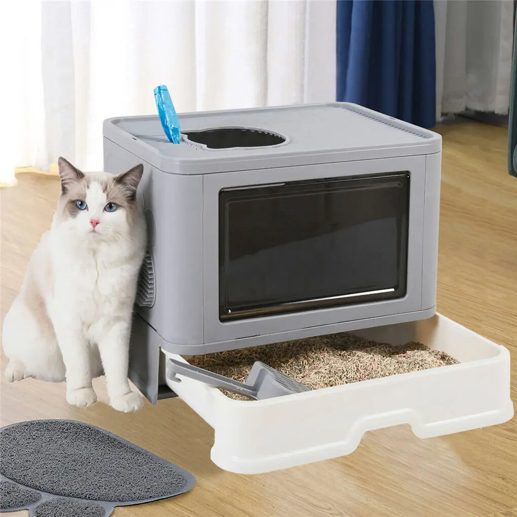 Double Entry & Exit Enclosed Cat Litter Box with Drawer Tray & Scoop 3