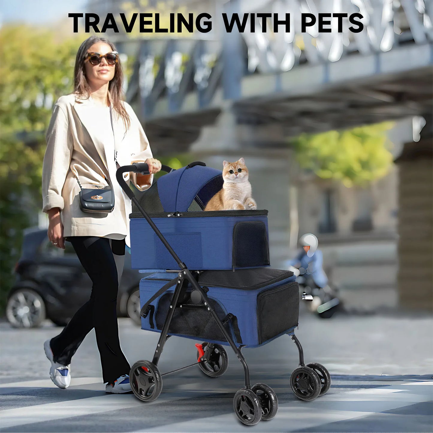 Detachable Double Basket Pet Stroller for Dogs & Cats with One-Touch Fold 3