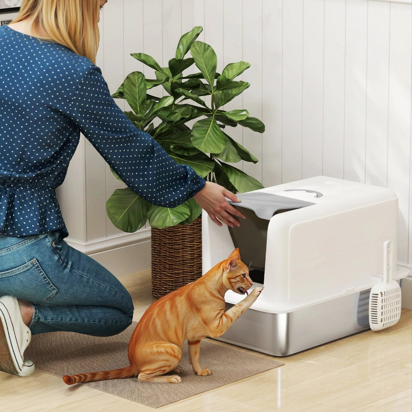 Large Enclosed Cat Litter Box with Removable Stainless Steel Tray, Front Flap, Handle & Scoop
