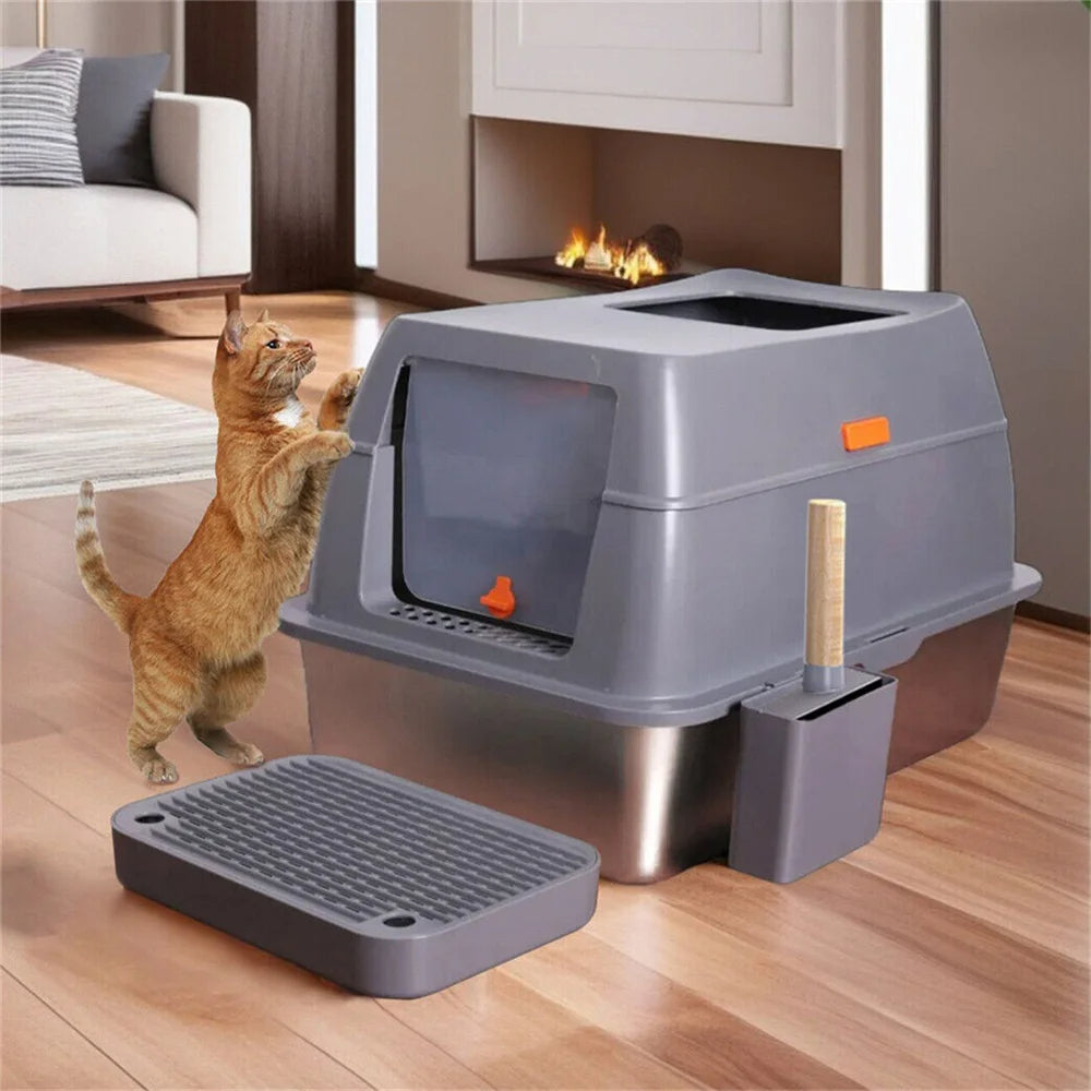 XL High-Sided Stainless Steel Enclosed Cat Litter Box with Step Tray, Scoop & Holder 3