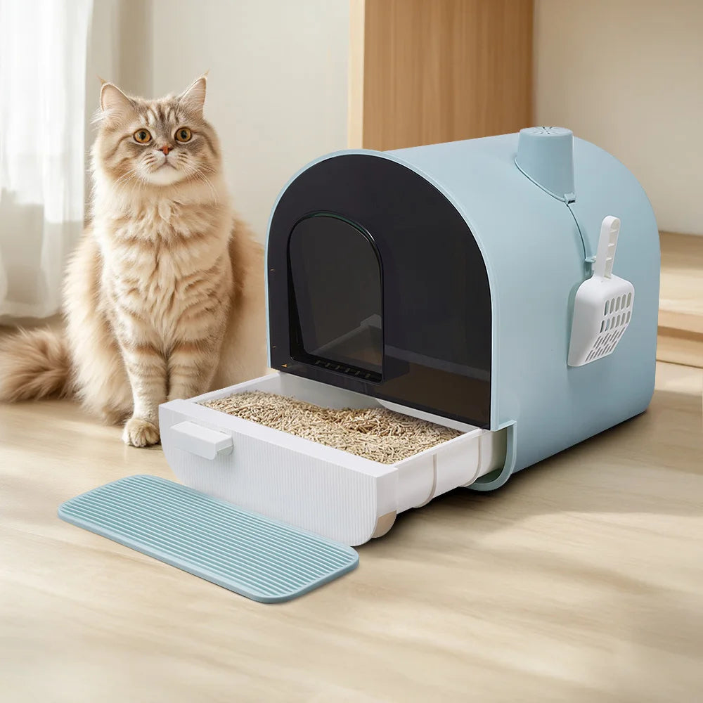 Aesthetic Cat Litter Box Enclosure with Pull-Out Tray, Front Entrance Spill-Pad & Scoop 2