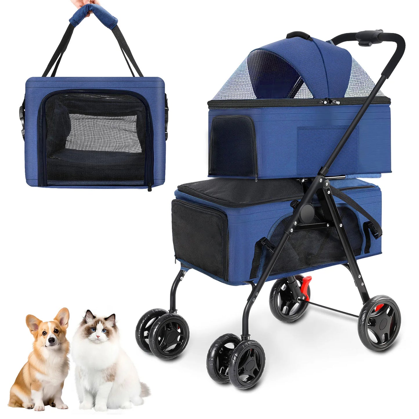 Detachable Double Basket Pet Stroller for Dogs & Cats with One-Touch Fold 2