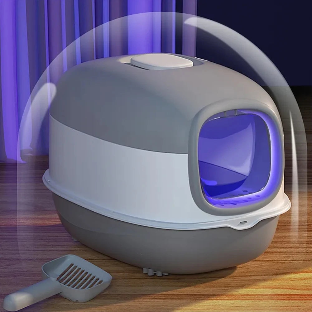 Spacious Enclosed Cat Litter Box with USB-Powered UV Sterilization Lamp & Stable Base