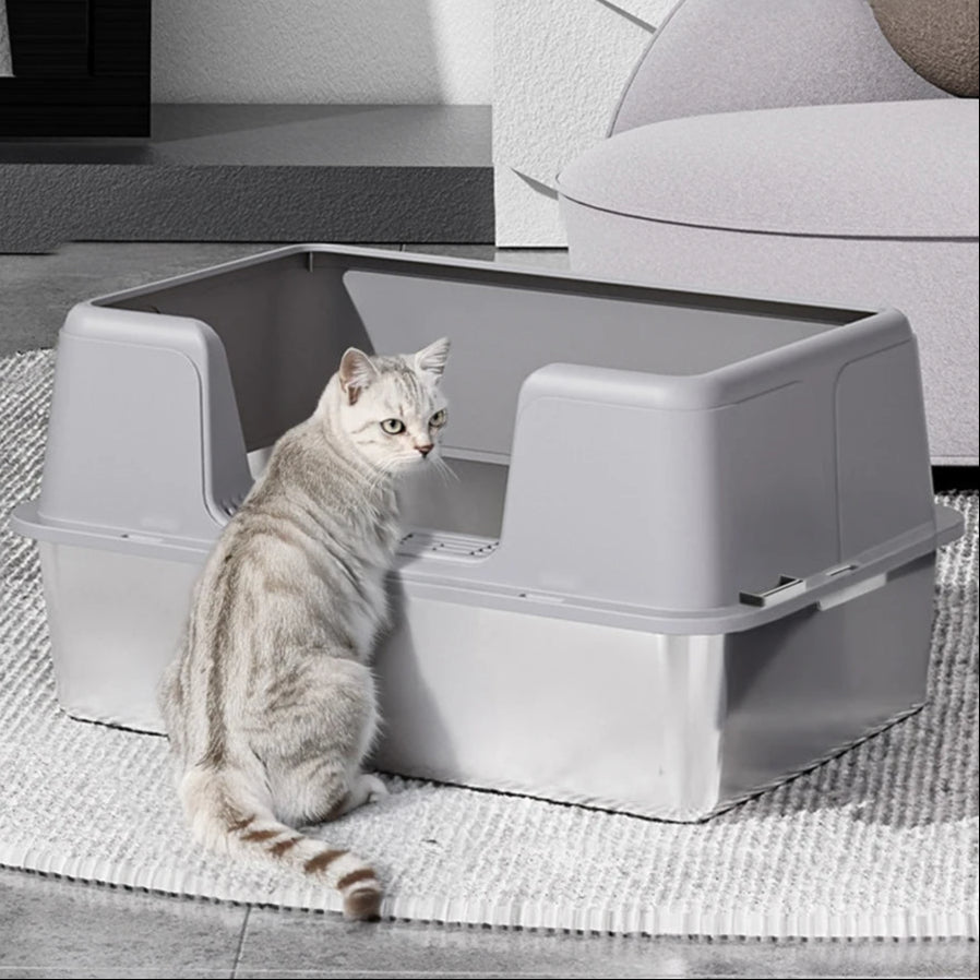 High-Sided Semi-Enclosed Cat Litter Box with Stainless Steel Litter Tray | Scoop Included 2