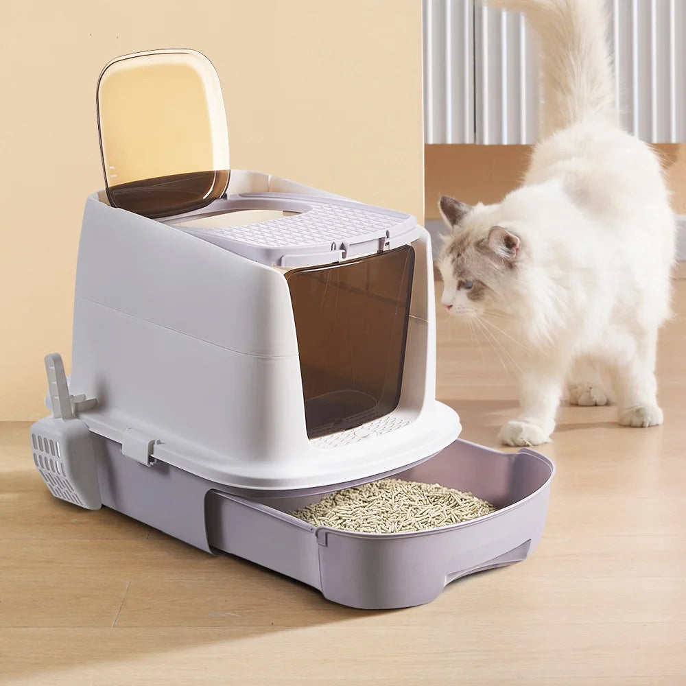 Spacious Enclosed Cat Litter Box with Flexible Lid Postioning & Pull-Out Tray 6