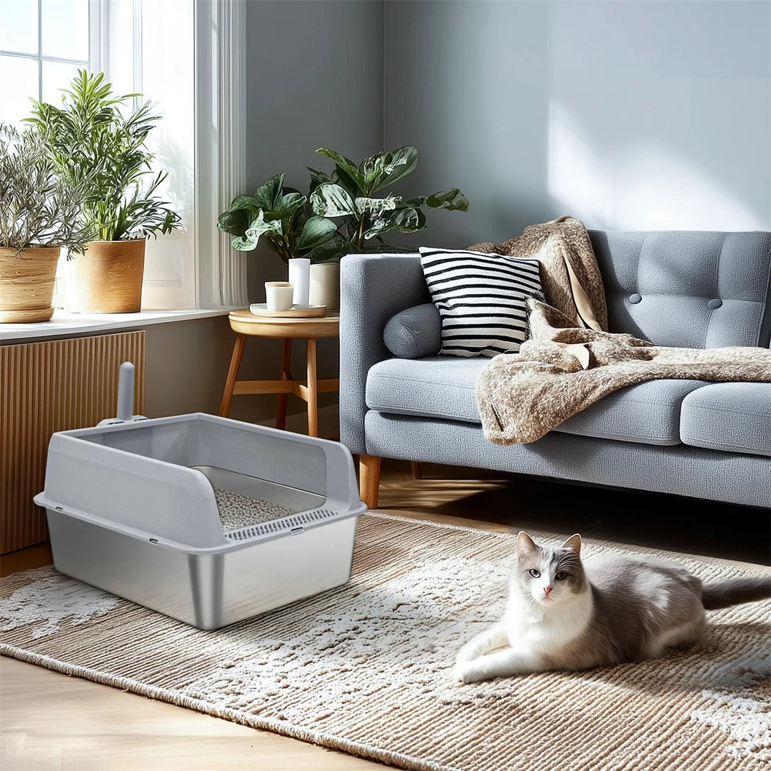 Semi-Enclosed Cat Litter Box with Stainless Steel Tray & Easy Entrance | Scoop Included 10