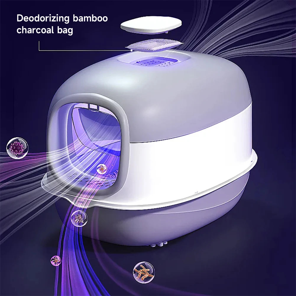 Spacious Enclosed Cat Litter Box with USB-Powered UV Sterilization Lamp & Stable Base