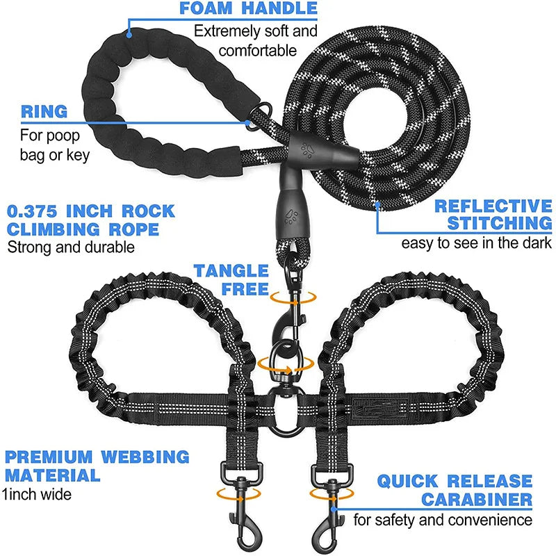 Thick & Strong Double Dog Lead with Foam Handle & Reflective Rope | Dog Leash for 2 Dogs 13