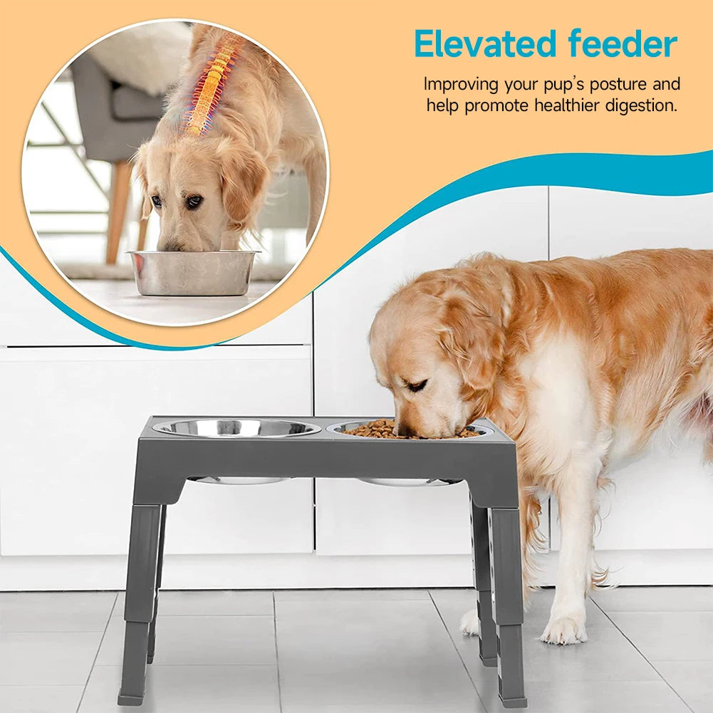 Raised Dog Bowl Stand with Adjustable Tilt & Stainless Steel & Slow-Feeding Bowls 7