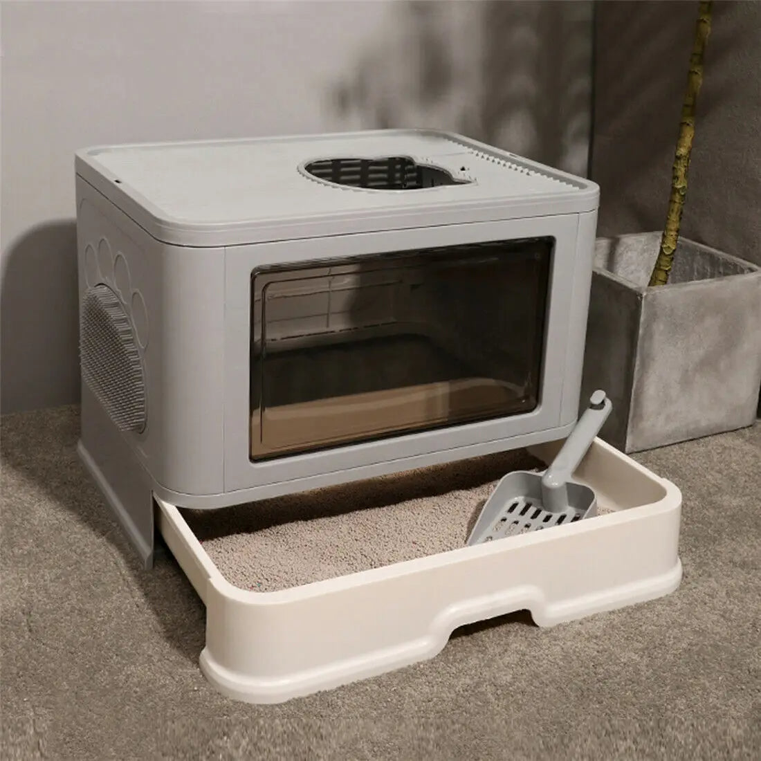 Double Entry & Exit Enclosed Cat Litter Box with Drawer Tray & Scoop 13