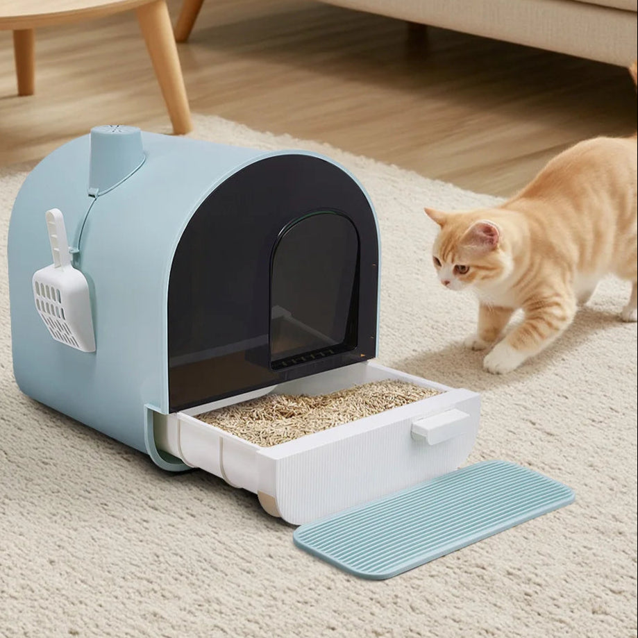 Aesthetic Cat Litter Box Enclosure with Pull-Out Tray, Front Entrance Spill-Pad & Scoop 3