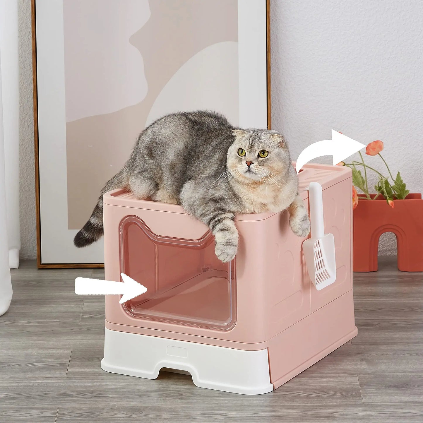 Front & Top Entry Enclosed Cat Litter Box with Drawer Tray & Scoop 20