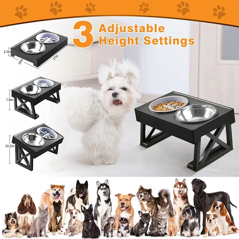 Adjustable Height & Tilt Raised Dog Bowl Stand with Stainless Steel & Slow-Feeding Dog Bowls 12