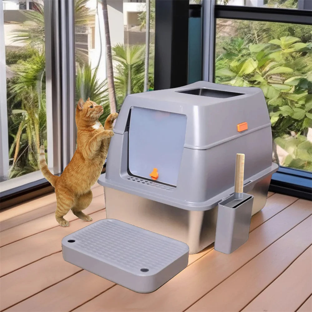 XL High-Sided Stainless Steel Enclosed Cat Litter Box with Step Tray, Scoop & Holder 9