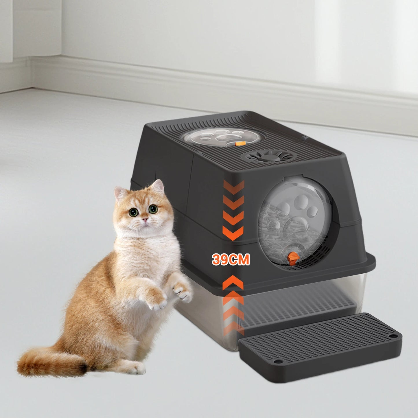 Fully Enclosed Cat Litter Box with Stainless Steel Tray & Easy-Flip Cover | Spill-Board & Scoop Included