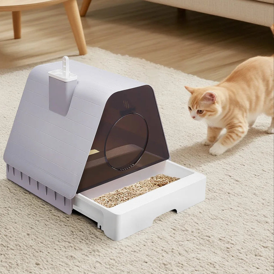 Modern House Enclosed Cat Litter Box with Pull-Out Tray, Mat & Built-In Scoop
