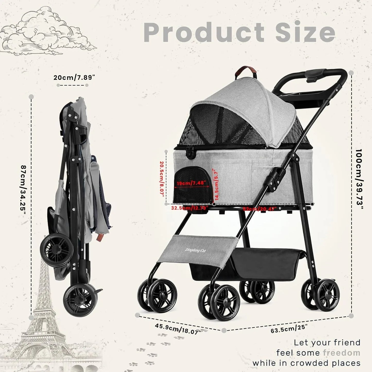 Foldable Dog Pushchair with Spacious Basket & Storage 9