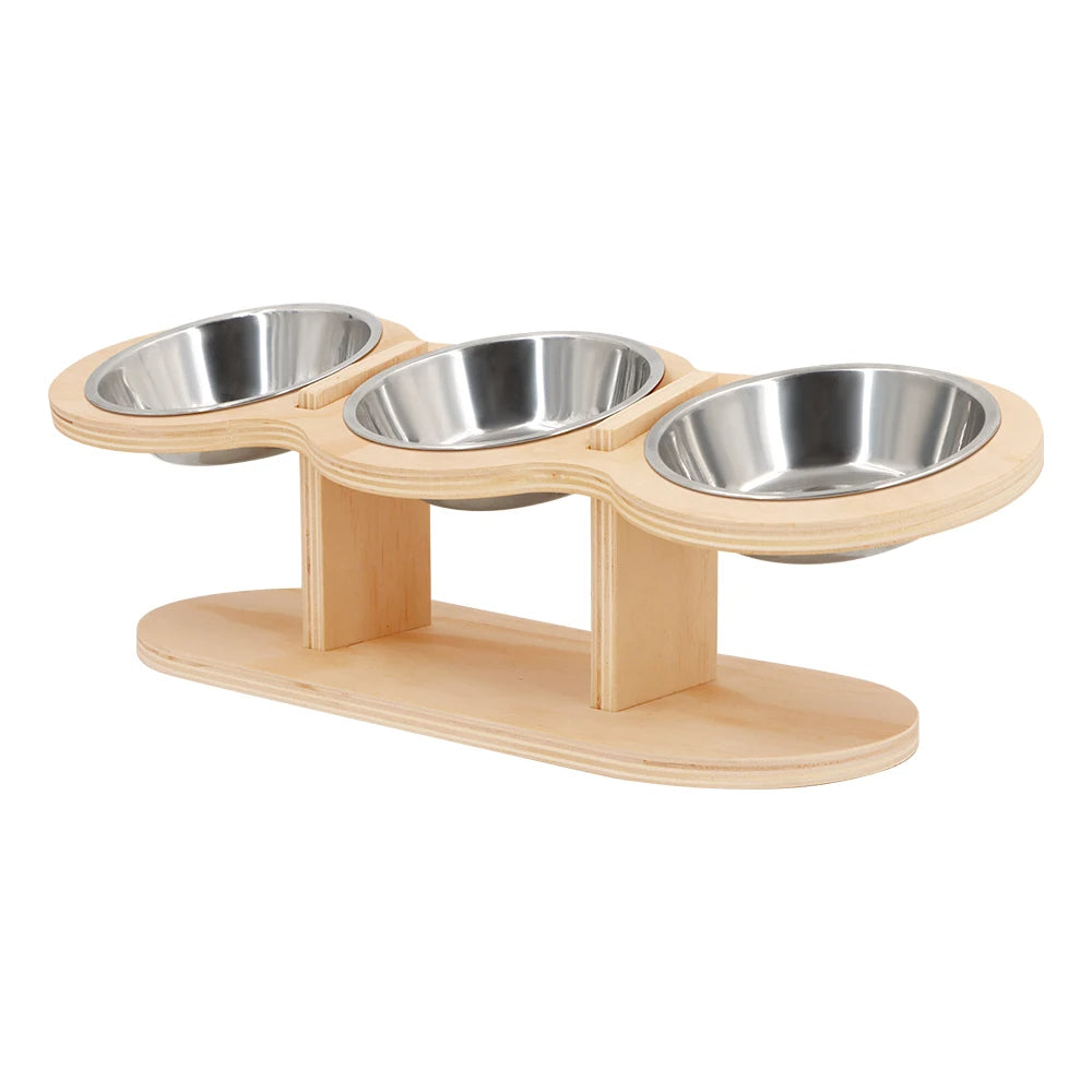 Wooden Tilted & Raised Cat Bowl Stand with 3 Stainless Steel Bowls 2