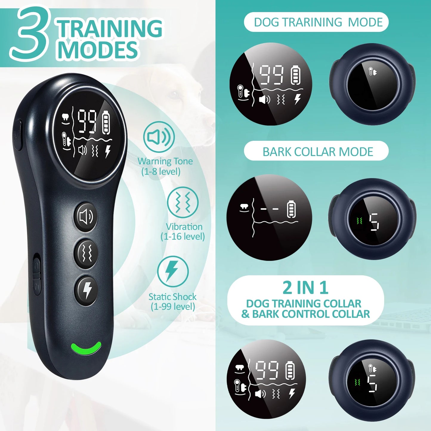 2-in-1 Automatic Anti-Bark Control & Dog Training Collar with Remote | Smart Barking Detection with Shock, Sound & Vibration