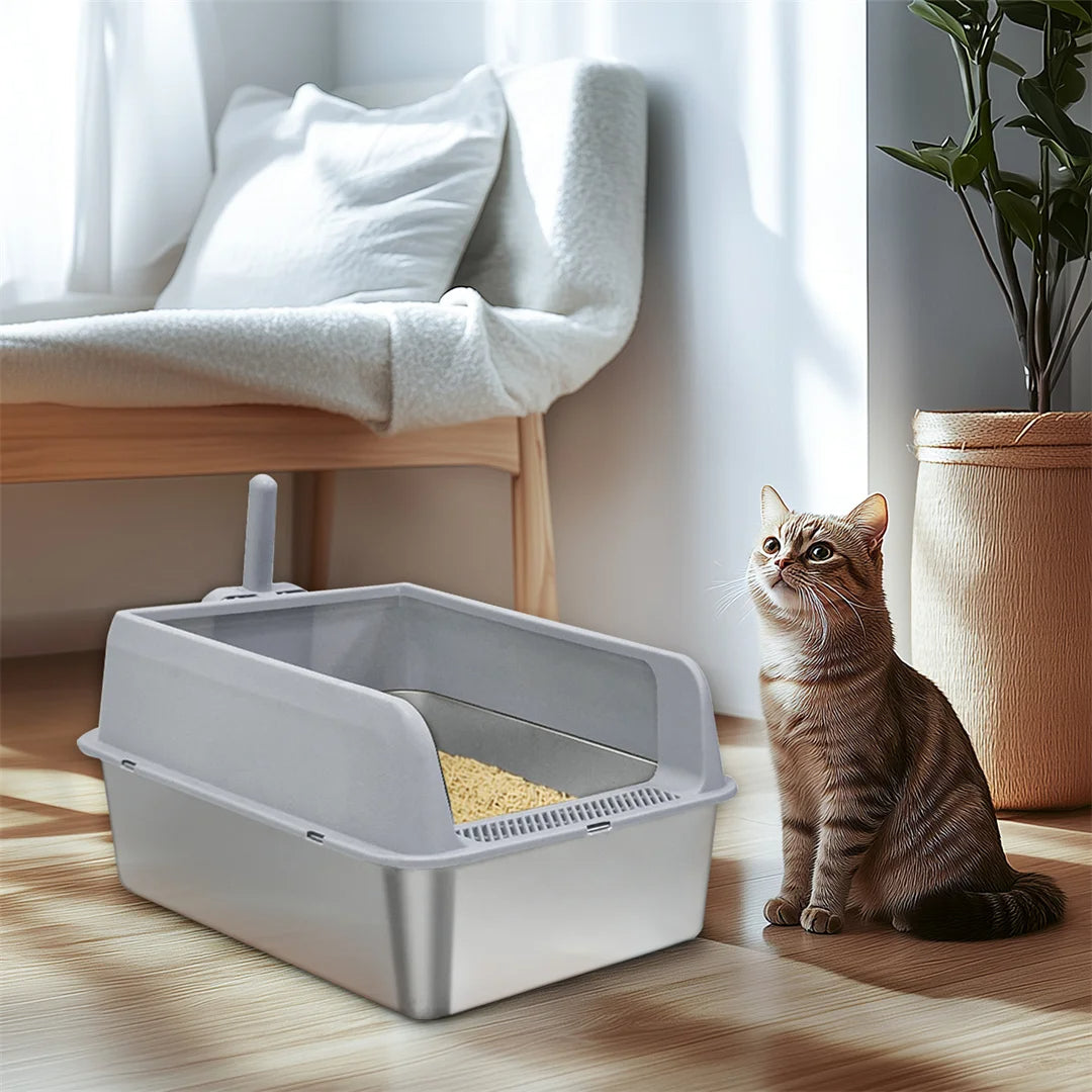 Semi-Enclosed Cat Litter Box with Stainless Steel Tray & Easy Entrance | Scoop Included 6