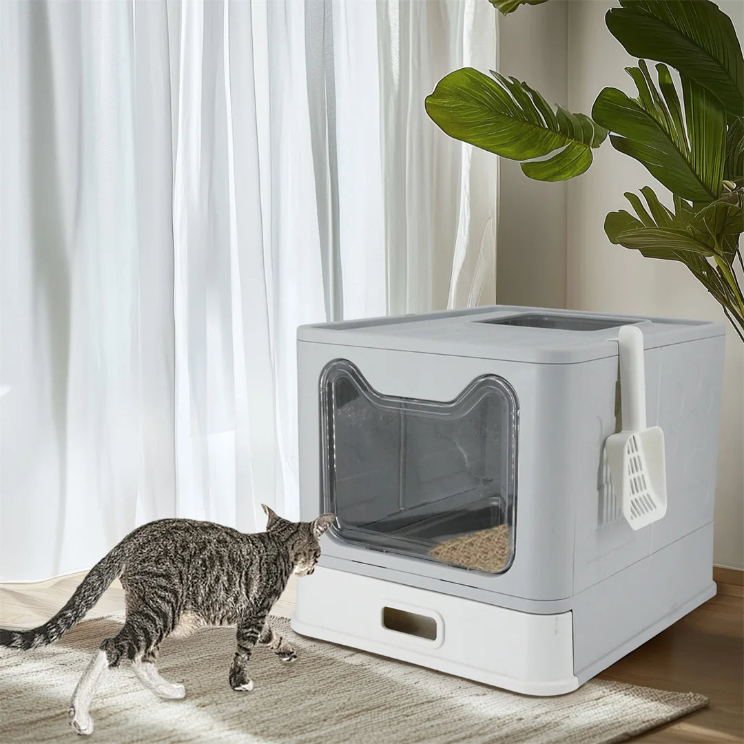 Enclosed Cat Litter Box with Stainless Steel Tray Drawer & Double Entry | Scoop Included 6
