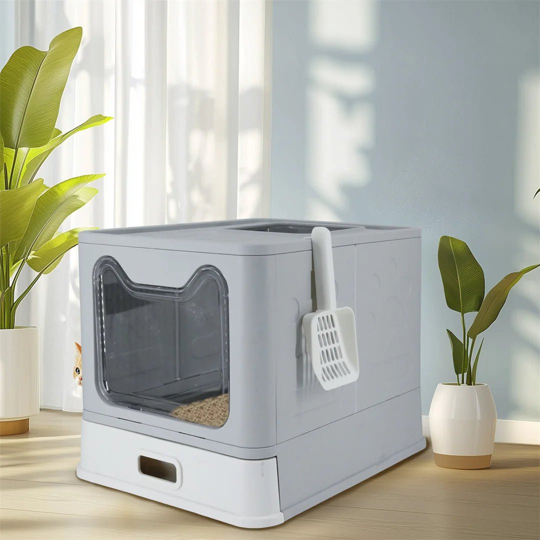 Enclosed Cat Litter Box with Stainless Steel Tray Drawer & Double Entry | Scoop Included 2