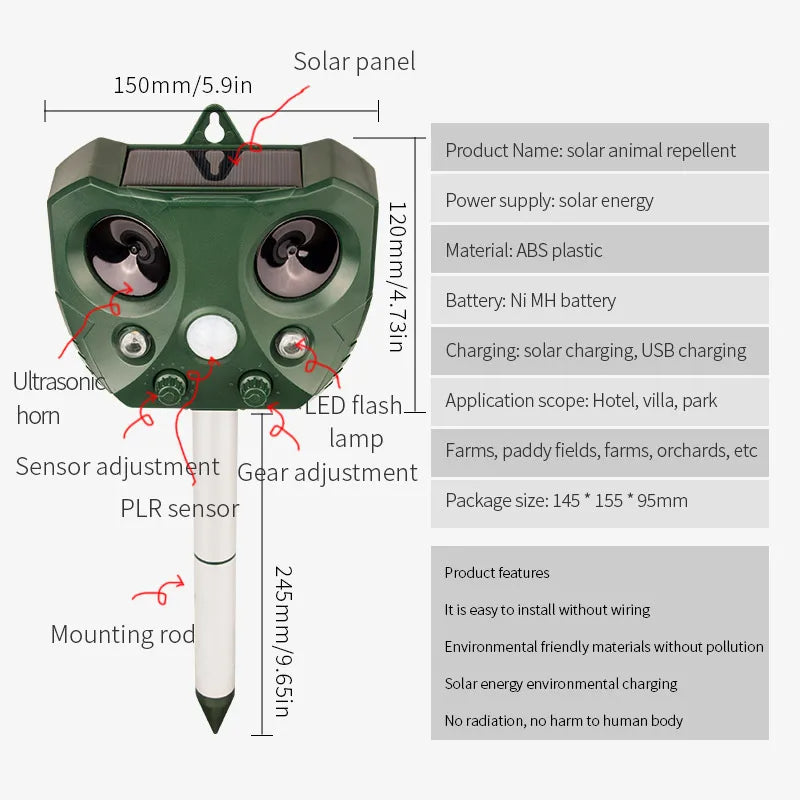 Solar Ultrasonic Animal Repeller for Gardens | Safe Motion-Activated Pest Deterrent for Rodents, Birds, Foxes & Cats 9
