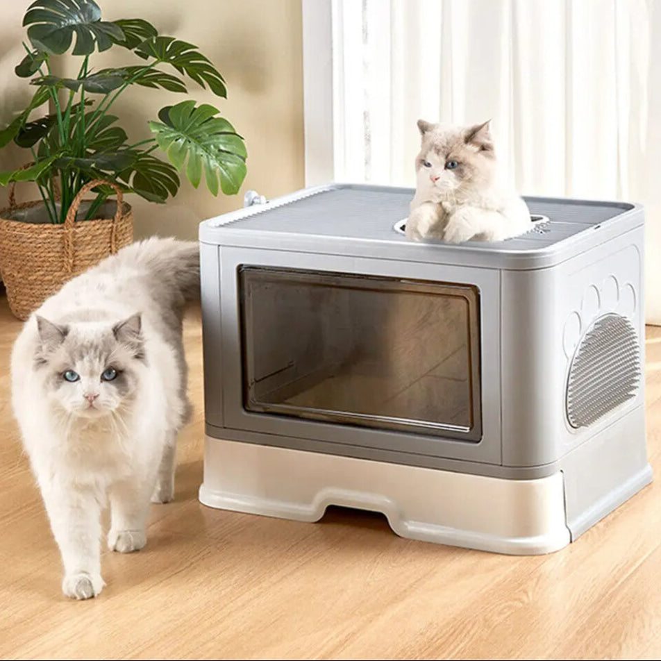 Double Entry & Exit Enclosed Cat Litter Box with Drawer Tray & Scoop 2