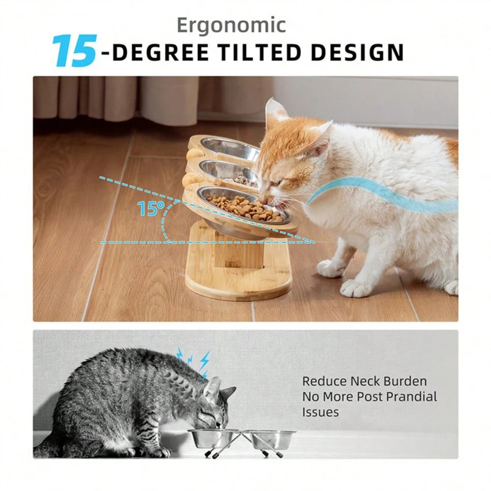 Wooden Tilted & Raised Cat Bowl Stand with 3 Stainless Steel Bowls 6