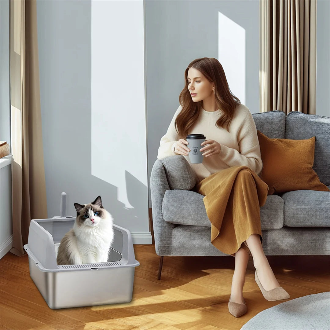 Semi-Enclosed Cat Litter Box with Stainless Steel Tray & Easy Entrance | Scoop Included 9