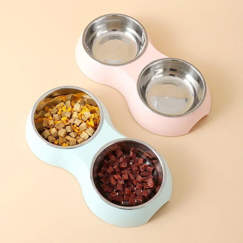 Stainless Steel Double Pet Food Bowls in Aesthetic Holder