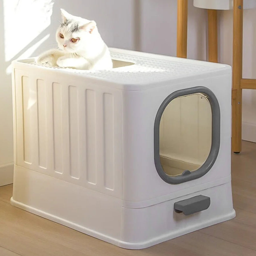 Double Entry & Exit Enclosed Cat Litter Box with Drawer Tray & Scoop 2
